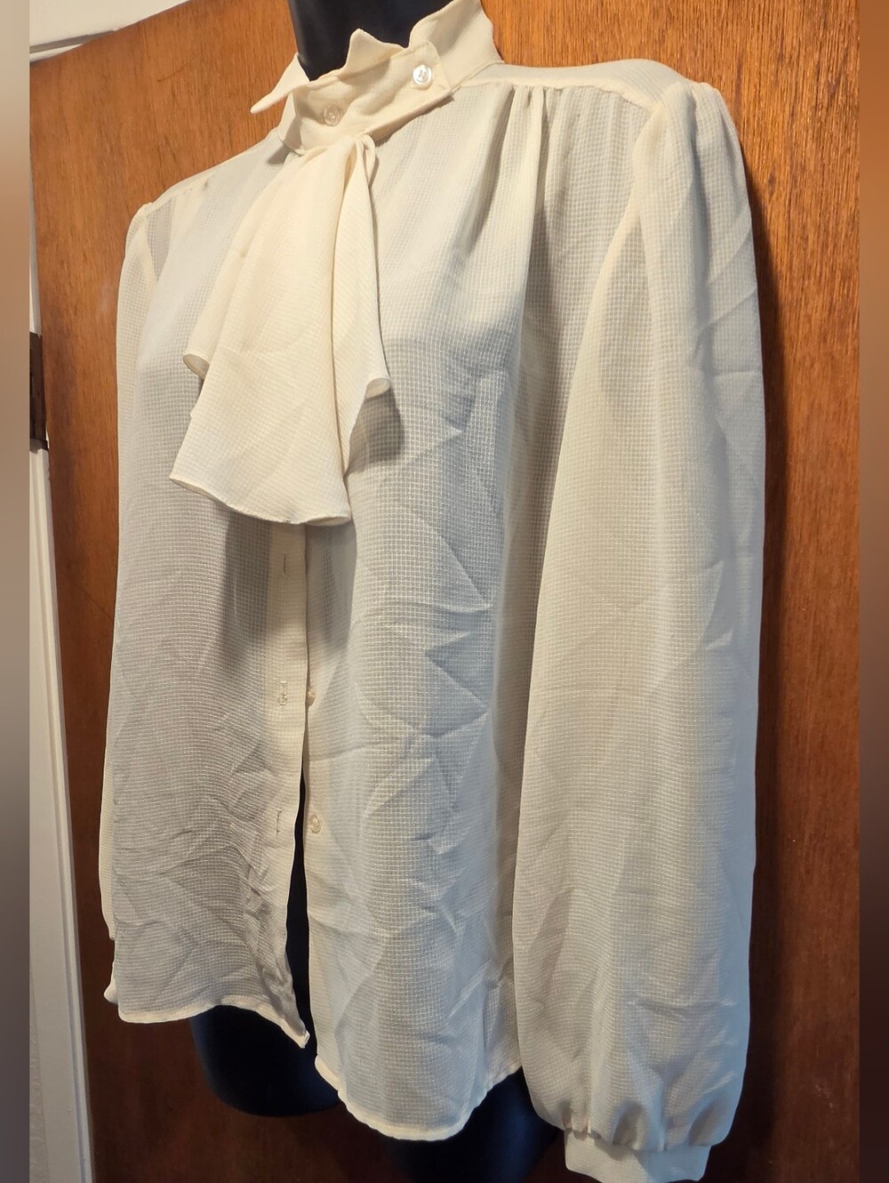 Cream Tie-Neck Blouse Classic Women's Vintage Sheer Top SzM